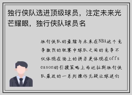 独行侠队选进顶级球员，注定未来光芒耀眼，独行侠队球员名