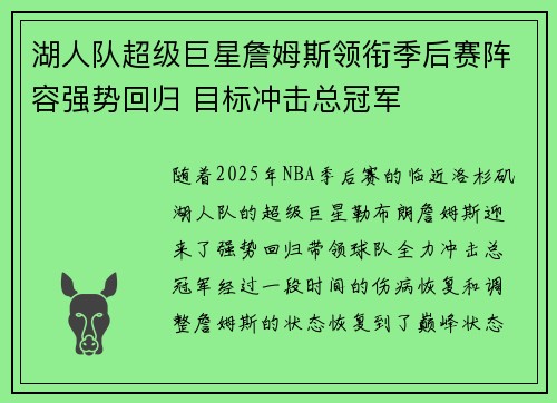湖人队超级巨星詹姆斯领衔季后赛阵容强势回归 目标冲击总冠军